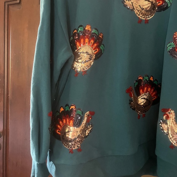 Queen of Sparkles Teal Sequin Turkey Sweatshirt - Picture 3 of 7